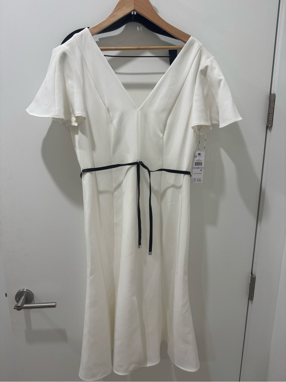 DKNY White Midi Dress with Black Waist Tie